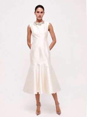 NWT Rachel Gilbert Ivory Sleeveless Midi Dress with Flared Hem